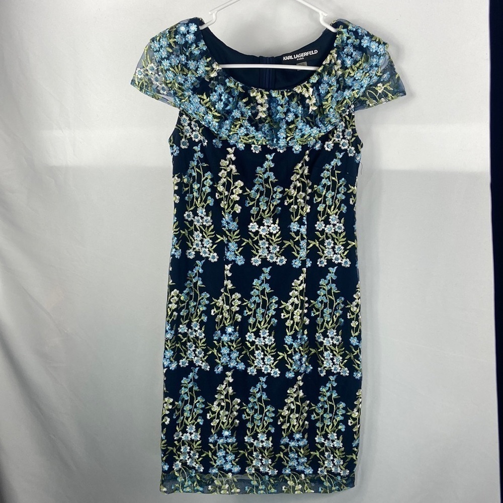 Karl Lagerfeld Paris Embroidered Floral Off Shoulder Blue Shift Dress - Picture 3 of 8